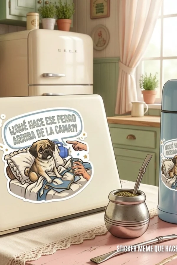 STICKERS QUE HACE ESE PERRO ARRIBA DE LA CAMA